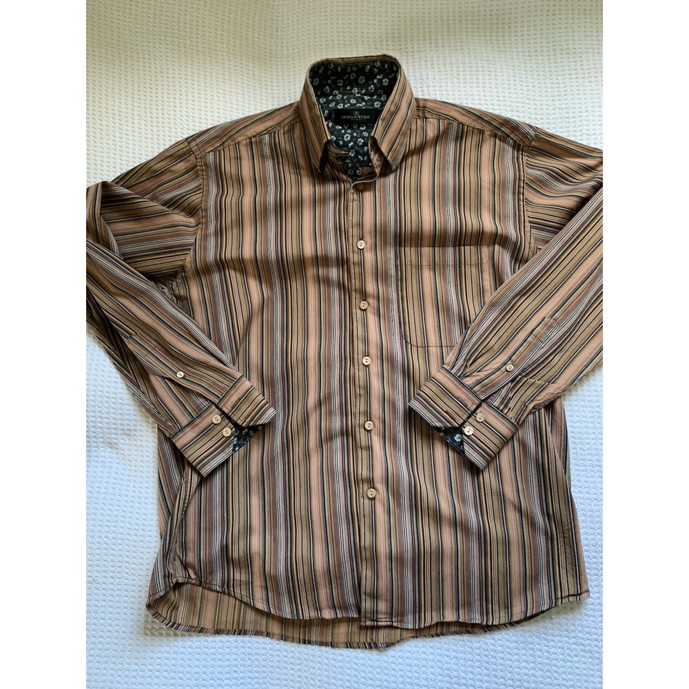 Bugatchi Men's Medium‎ Brown Stripe Button Down Shirt